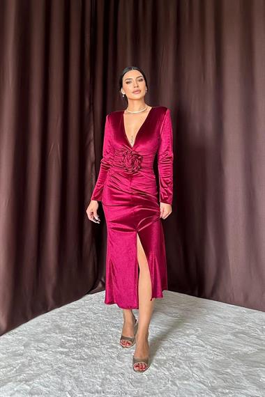 Toptan Bordo Önü Yırtmaçlı Güllü Elbise