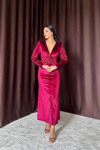 Toptan Bordo Önü Yırtmaçlı Güllü Elbise