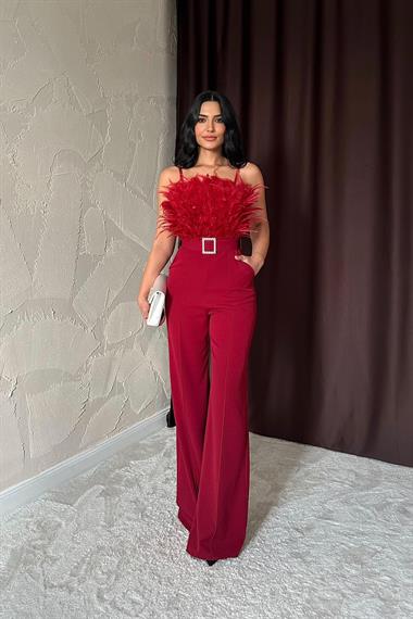 Toptan Bordo Otriş Detaylı Kemerli Tulum