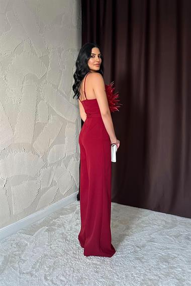 Toptan Bordo Otriş Detaylı Kemerli Tulum