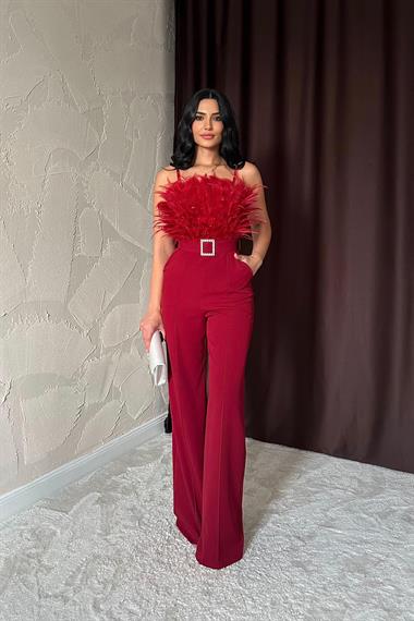 Toptan Bordo Otriş Detaylı Kemerli Tulum