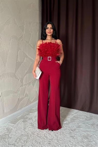 Toptan Bordo Otriş Detaylı Kemerli Tulum