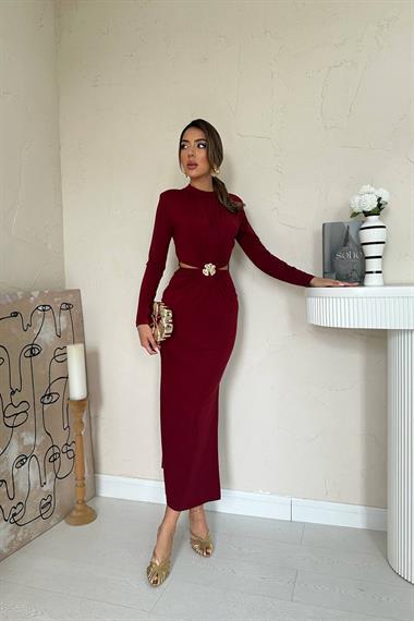 Toptan Bordo Pencere Detaylı Büzgülü Elbise