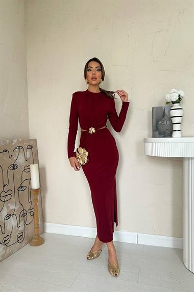 Toptan Bordo Pencere Detaylı Büzgülü Elbise