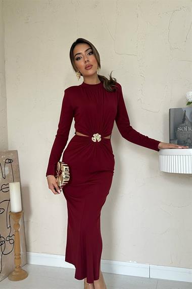Toptan Bordo Pencere Detaylı Büzgülü Elbise