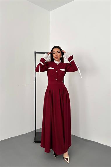 Toptan Bordo Pilise Detaylı Elbise
