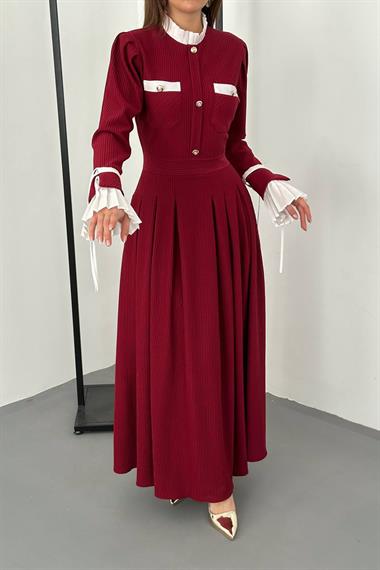 Toptan Bordo Pilise Detaylı Elbise