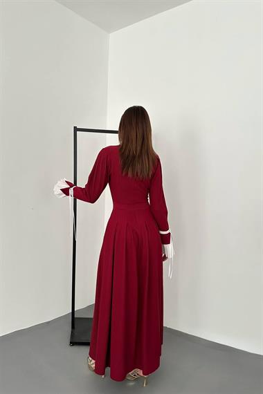 Toptan Bordo Pilise Detaylı Elbise