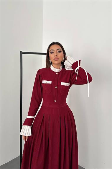 Toptan Bordo Pilise Detaylı Elbise