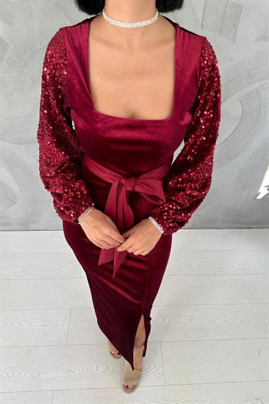 Toptan Bordo Pul Payetli Kadife Elbise
