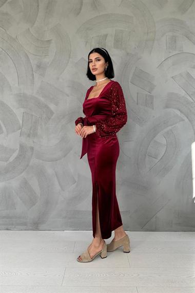 Toptan Bordo Pul Payetli Kadife Elbise