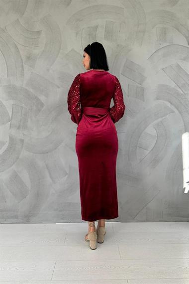 Toptan Bordo Pul Payetli Kadife Elbise