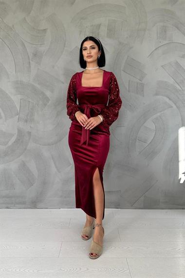 Toptan Bordo Pul Payetli Kadife Elbise