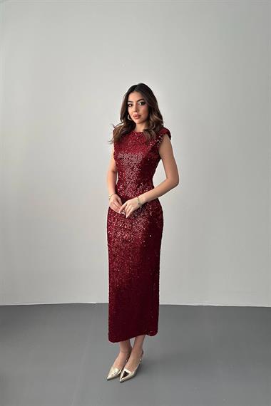 Toptan Bordo Pul Payetli Vatkalı Elbise
