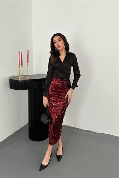 Toptan Bordo Pulpayetli Parlak Etek