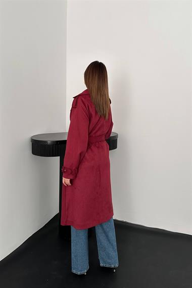 Toptan Bordo Reglan Kollu Süet Trençkot