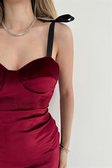 Toptan Bordo Saten Askılı Kadife Elbise