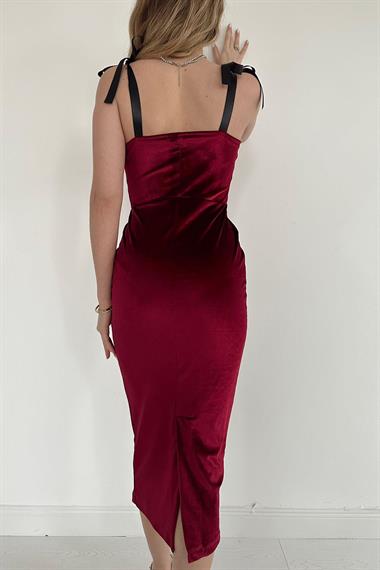Toptan Bordo Saten Askılı Kadife Elbise