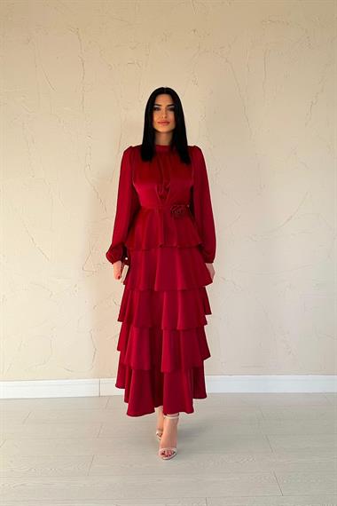 Toptan Bordo Saten Büzgülü Kat Kat Elbise