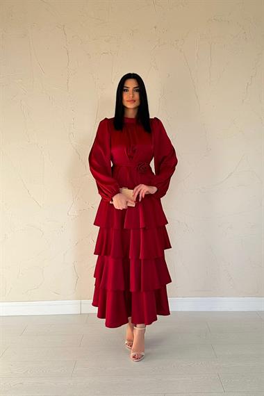 Toptan Bordo Saten Büzgülü Kat Kat Elbise