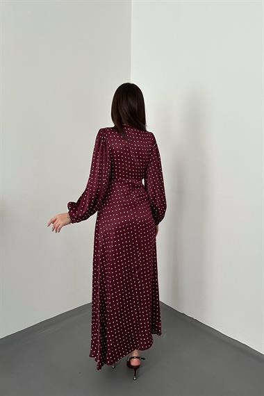 Toptan Bordo Saten Puantiyeli Dantel Detaylı Elbise