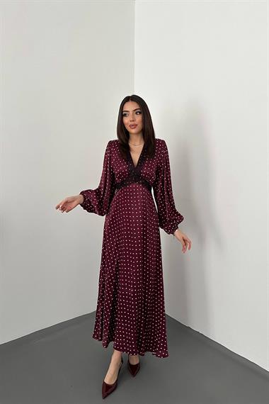 Toptan Bordo Saten Puantiyeli Dantel Detaylı Elbise