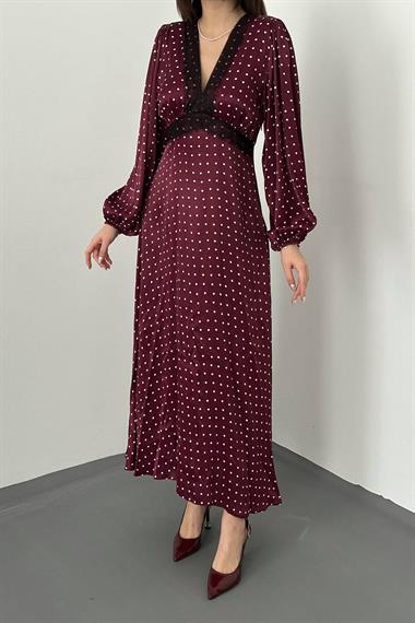 Toptan Bordo Saten Puantiyeli Dantel Detaylı Elbise