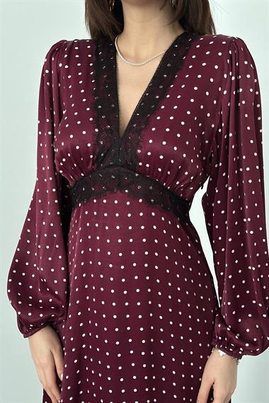 Toptan Bordo Saten Puantiyeli Dantel Detaylı Elbise