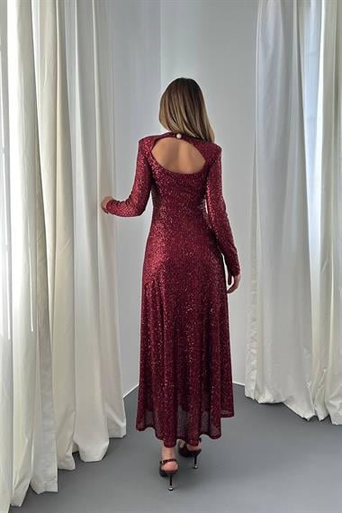 Toptan Bordo Sırt Dekolteli Pulpayet Elbise