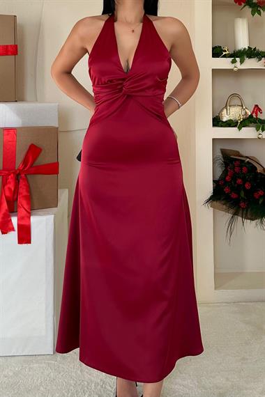 Toptan Bordo Uzun Saten Elbise