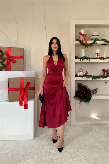 Toptan Bordo Uzun Saten Elbise