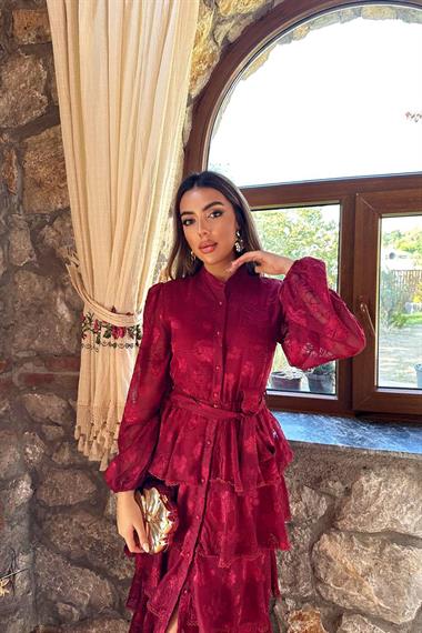 Toptan Bordo Valonlu Şeritli Kat Kat Elbise