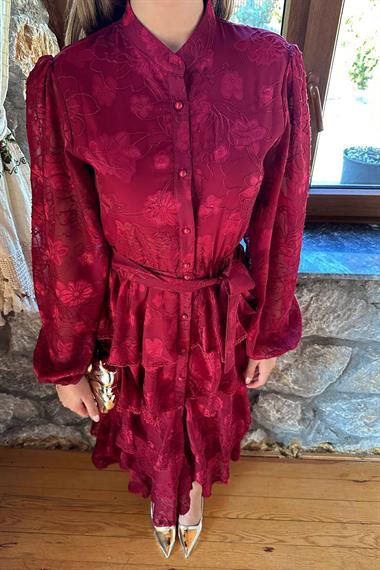 Toptan Bordo Valonlu Şeritli Kat Kat Elbise