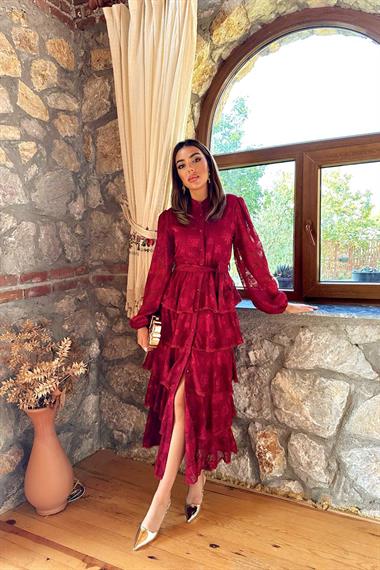 Toptan Bordo Valonlu Şeritli Kat Kat Elbise