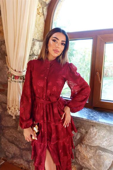 Toptan Bordo Valonlu Şeritli Kat Kat Elbise