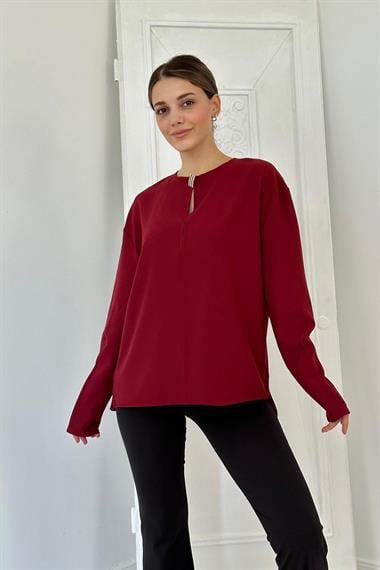 Toptan Bordo Yakası Broşlu Bluz