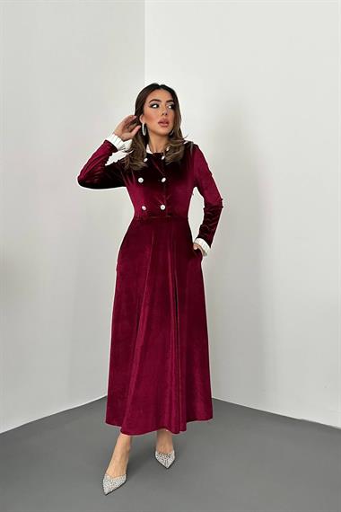 Toptan Bordo Yakası Taşlı Garnili Kadife Elbise