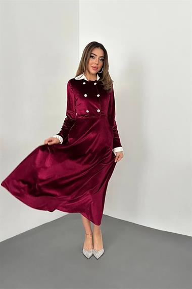 Toptan Bordo Yakası Taşlı Garnili Kadife Elbise