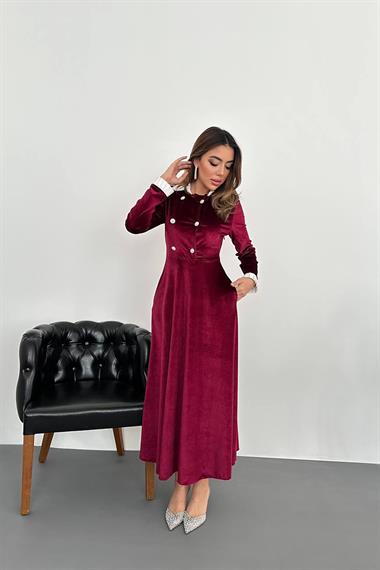 Toptan Bordo Yakası Taşlı Garnili Kadife Elbise