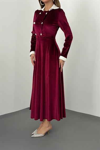 Toptan Bordo Yakası Taşlı Garnili Kadife Elbise