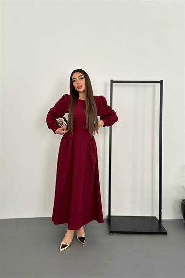 Wholesale Burgundy Long-Sleeved Dress with Gathered Sides