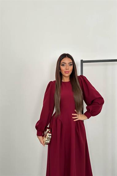 Wholesale Burgundy Long-Sleeved Dress with Gathered Sides