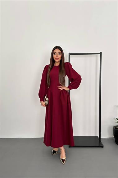 Wholesale Burgundy Long-Sleeved Dress with Gathered Sides