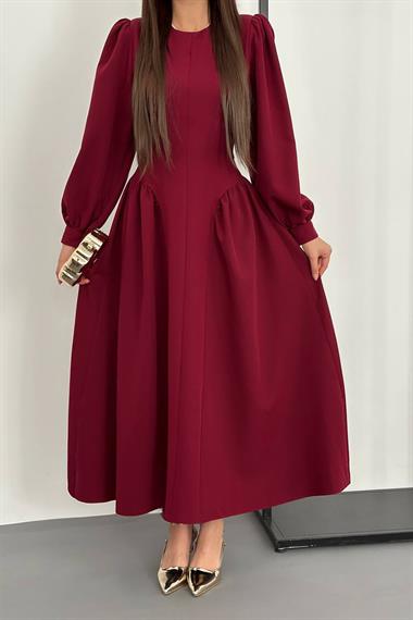 Wholesale Burgundy Long-Sleeved Dress with Gathered Sides