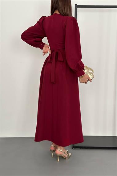 Wholesale Burgundy Long-Sleeved Dress with Gathered Sides