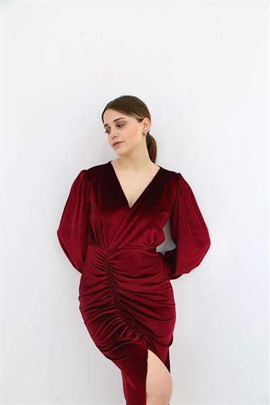 Toptan Bordo Yırtmaçlı Kadife Elbise