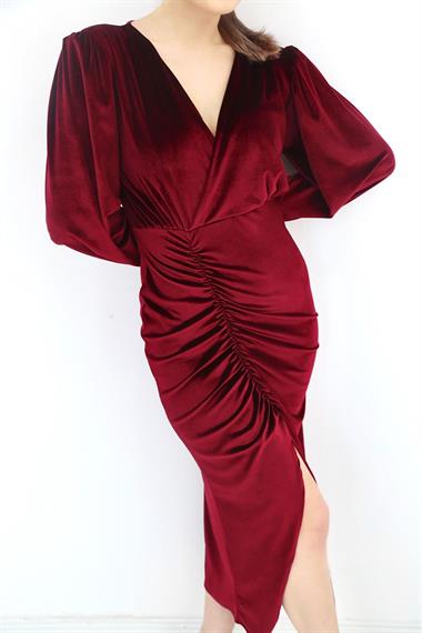 Toptan Bordo Yırtmaçlı Kadife Elbise