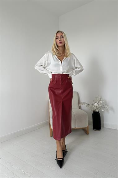 Toptan Bordo Yırtmaçlı Süs Patlı Etek