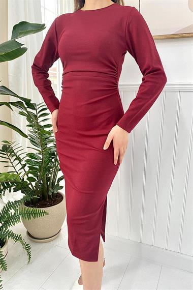 Toptan Bordo Yırtmaçlı ve Büzgülü Elbise