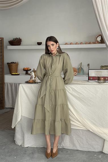 Toptan Çağla Çizgi Desenli Uzun Elbise